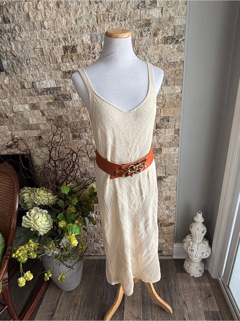 Cream Knit V-Neck Midi Dress by